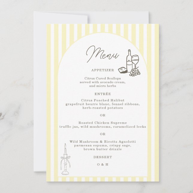 Tarjeta de menú de boda elegante con rayas amarill (Anverso)