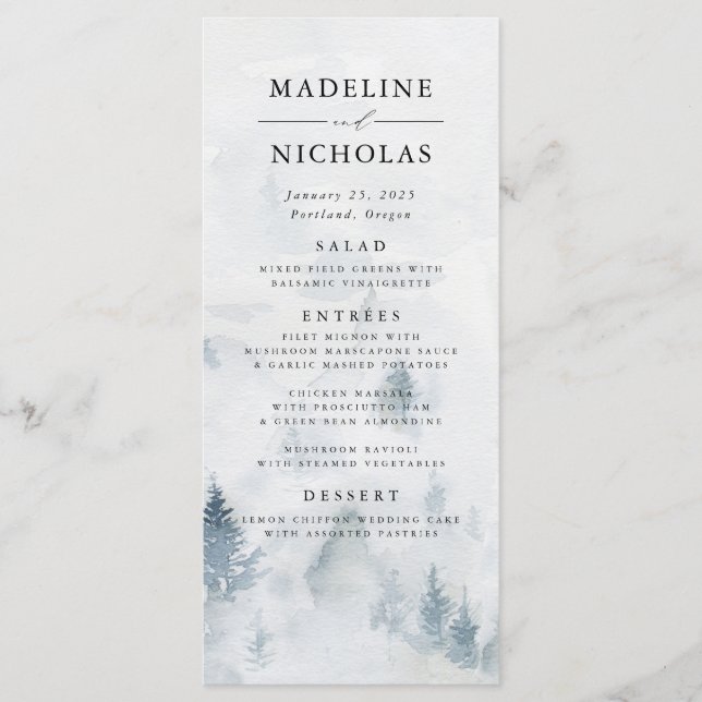 Tarjeta de menú de boda elegante de bosque inverna (Anverso)