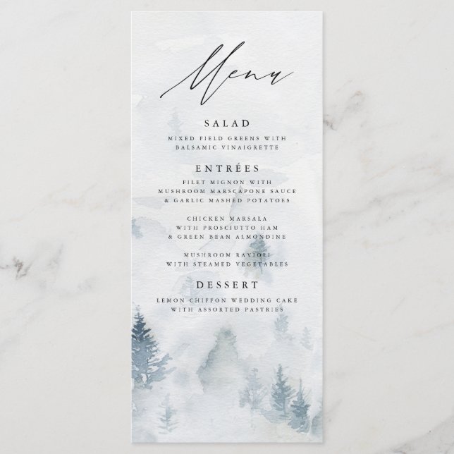 Tarjeta de menú de boda elegante de bosque inverna (Anverso)