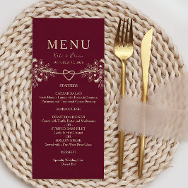 Tarjeta de menú de boda elegante de oro y borgoña