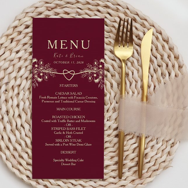 Tarjeta de menú de boda elegante de oro y borgoña (Subido por el creador)