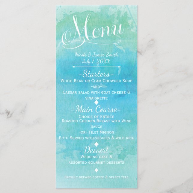 Tarjeta de menú de boda elegante de playa azul acu (Anverso)