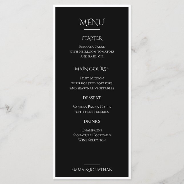 Tarjeta de menú de boda elegante en blanco y negro (Anverso)