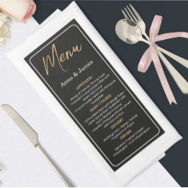 Tarjeta de menú de boda elegante en negro y dorado