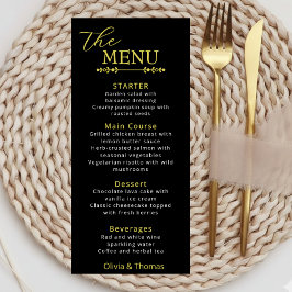 Tarjeta de menú de boda elegante en negro y dorado