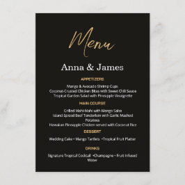 Tarjeta de menú de boda elegante en negro y dorado