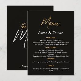 Tarjeta de menú de boda elegante en negro y dorado