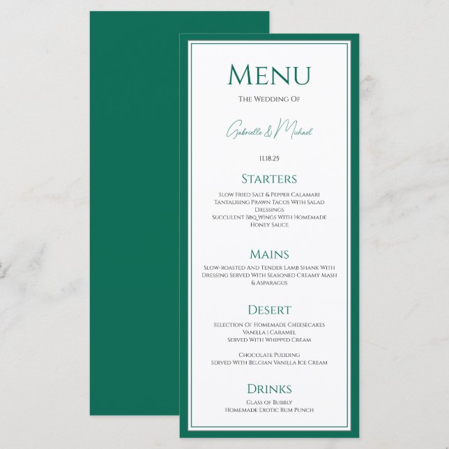 Tarjeta de menú de boda elegante esmeralda verde (Anverso / Reverso)