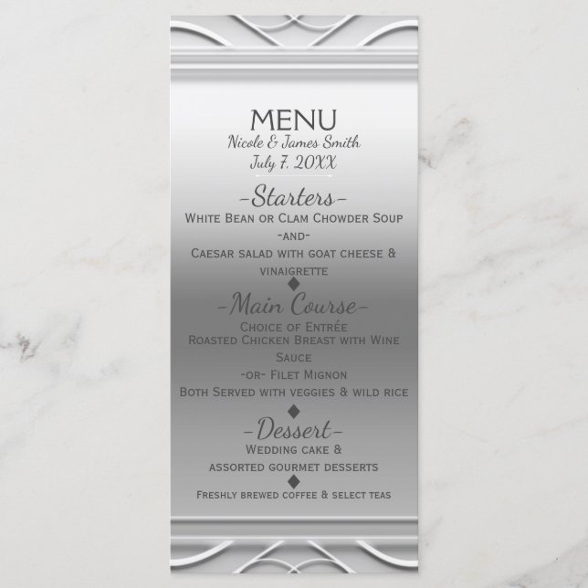 Tarjeta de menú de boda elegante simple plateada (Anverso)