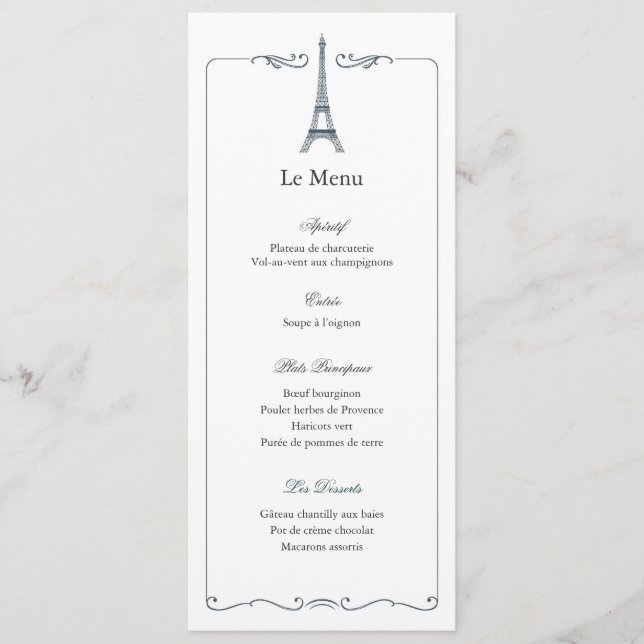 Tarjeta de menú de boda elegante Torre Eiffel Fran (Anverso)
