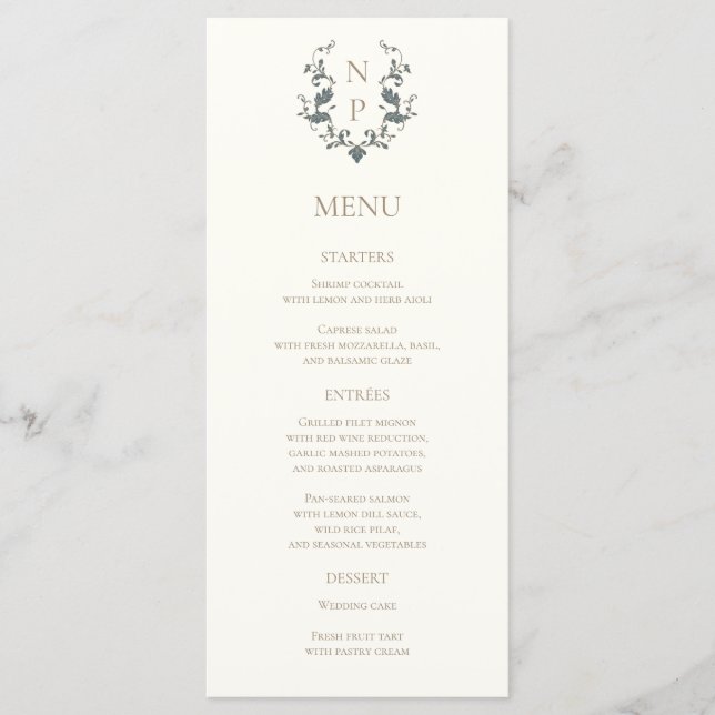 Tarjeta de menú de boda elegante y ornamentada (Anverso)