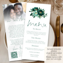 Tarjeta de menú de boda Emerald Gold Florals Love