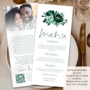 Tarjeta de menú de boda Emerald Gold Florals Love