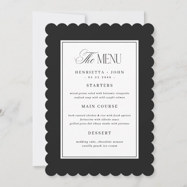 Tarjeta de menú de boda en blanco y negro con bord (Anverso)