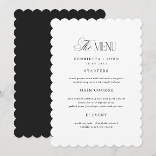 Tarjeta de menú de boda en blanco y negro con bord