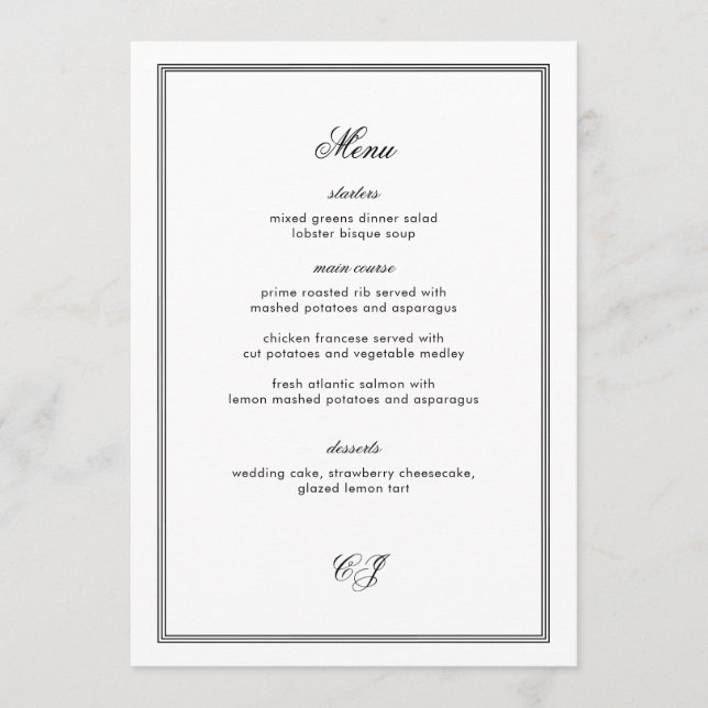 Tarjeta de menú de boda en blanco y negro de diner (Anverso)
