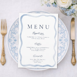 Tarjeta de menú de boda en finca francesa azul pol