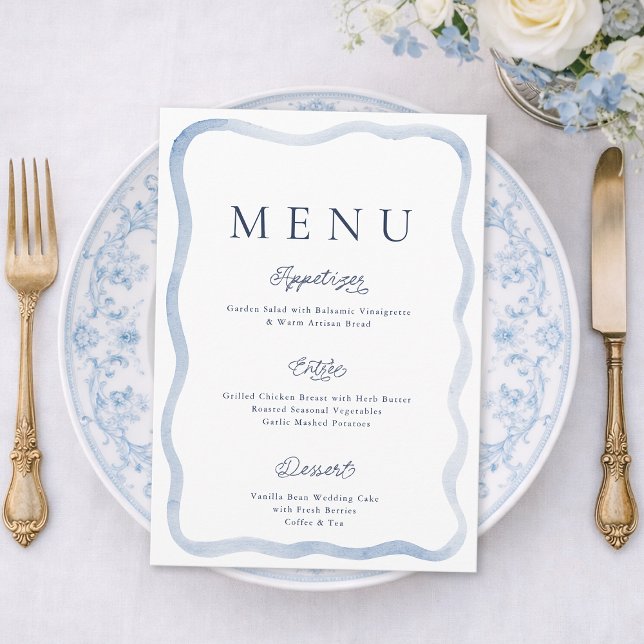 Tarjeta de menú de boda en finca francesa azul pol (Subido por el creador)