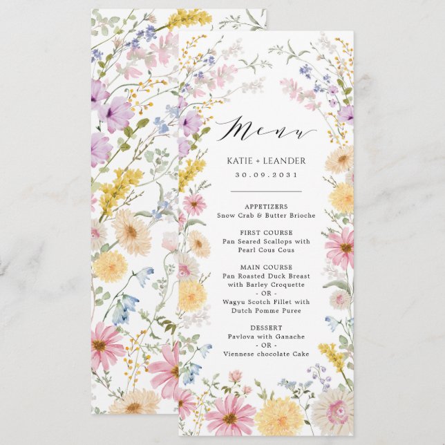 Tarjeta de menú de boda en prado de flores silvest (Anverso / Reverso)