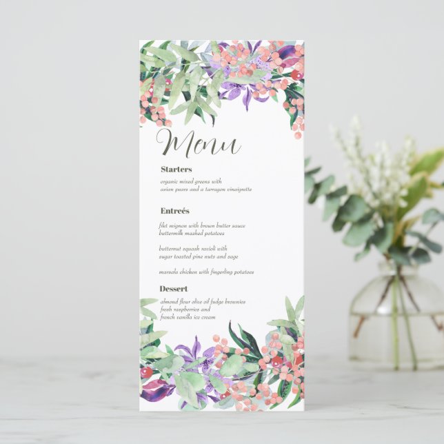 Tarjeta de menú de Boda floral acuarela (Anverso de pie)