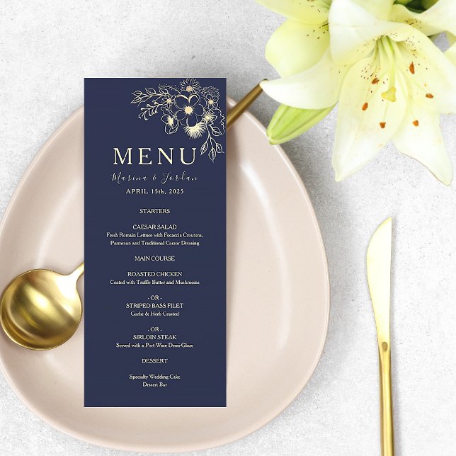 Tarjeta de menú de boda floral azul marino elegant (Subido por el creador)