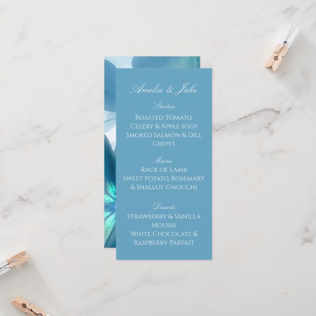 Tarjeta de menú de boda floral azul moderno (Anverso/Reverso In Situ)
