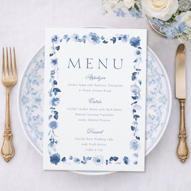 Tarjeta de menú de boda floral azul polvoriento (Subido por el creador)