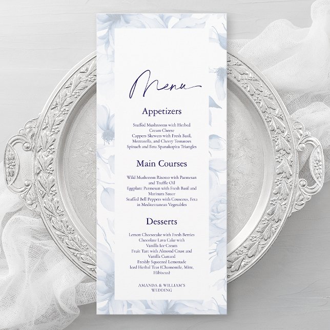 Tarjeta de menú de boda floral azul polvoriento (Subido por el creador)