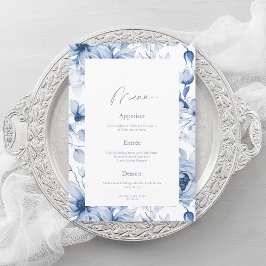 Tarjeta de menú de boda floral azul polvoriento