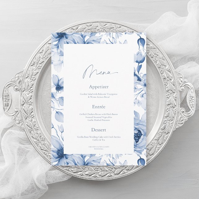 Tarjeta de menú de boda floral azul polvoriento (Subido por el creador)