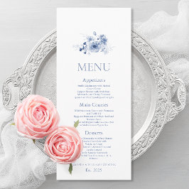 Tarjeta de menú de boda floral azul polvoriento