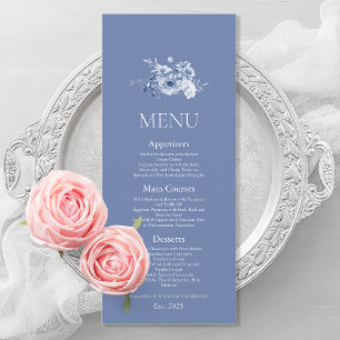 Tarjeta de menú de boda floral azul polvoriento