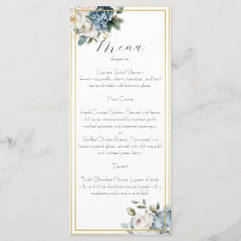 Tarjeta de menú de boda floral azul polvoriento y