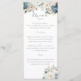 Tarjeta de menú de boda floral azul polvoriento y