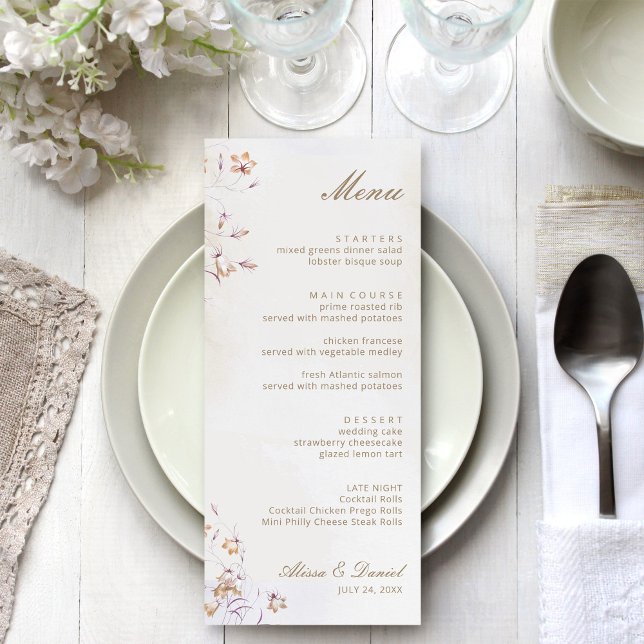 Tarjeta de menú de boda floral boho (Boho Floral Wedding Menu Card on a white wedding dinner table)