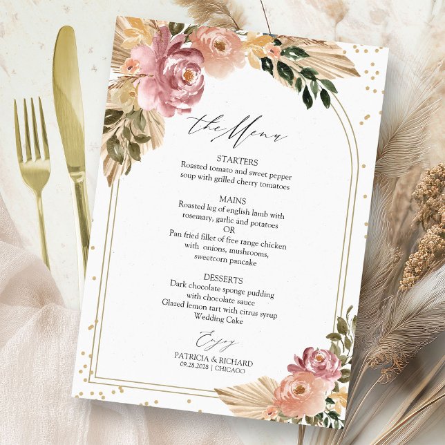 Tarjeta de menú de boda floral boho chic (Subido por el creador)