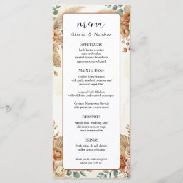 Tarjeta de menú de boda floral boho de lujo Pampas