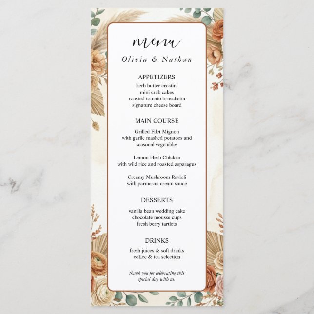 Tarjeta de menú de boda floral boho de lujo Pampas (Anverso)