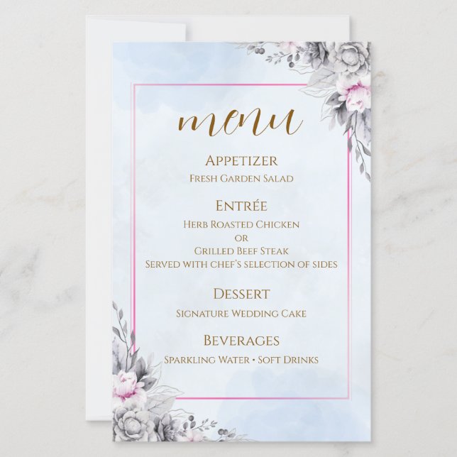 Tarjeta de menú de boda floral con rubor romántico (Anverso)