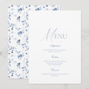 Tarjeta de menú de boda floral de arte fino azul p