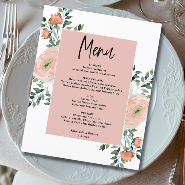 Tarjeta de menú de Boda floral de cada plato román (Subido por el creador)