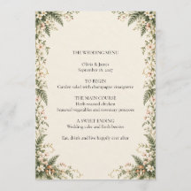 Tarjeta de menú de boda floral de helecho del bosq