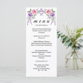Tarjeta de menú de boda floral de lavanda y rosa r