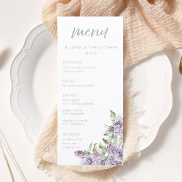 Tarjeta de menú de boda floral de lila en acuarela