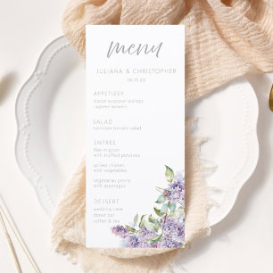 Tarjeta de menú de boda floral de lila en acuarela