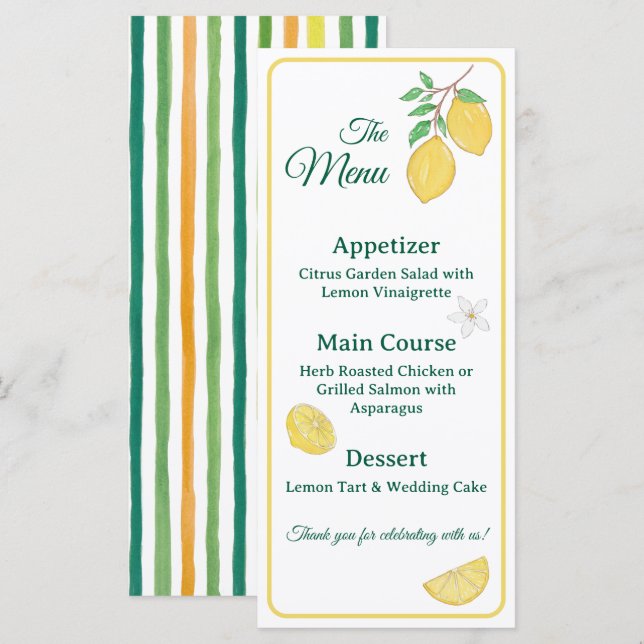 Tarjeta de menú de boda floral de limón y lima chi (Anverso / Reverso)