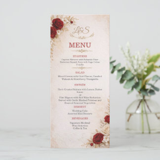 Tarjeta de menú de boda floral de marfil y rojo el