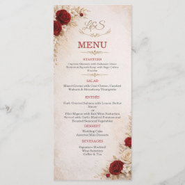 Tarjeta de menú de boda floral de marfil y rojo el