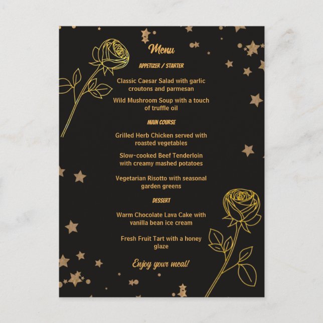 Tarjeta de menú de boda floral de oro de lujo (Anverso)