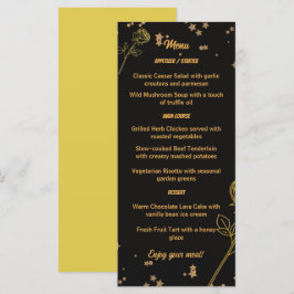 Tarjeta de menú de boda floral de oro lujoso
